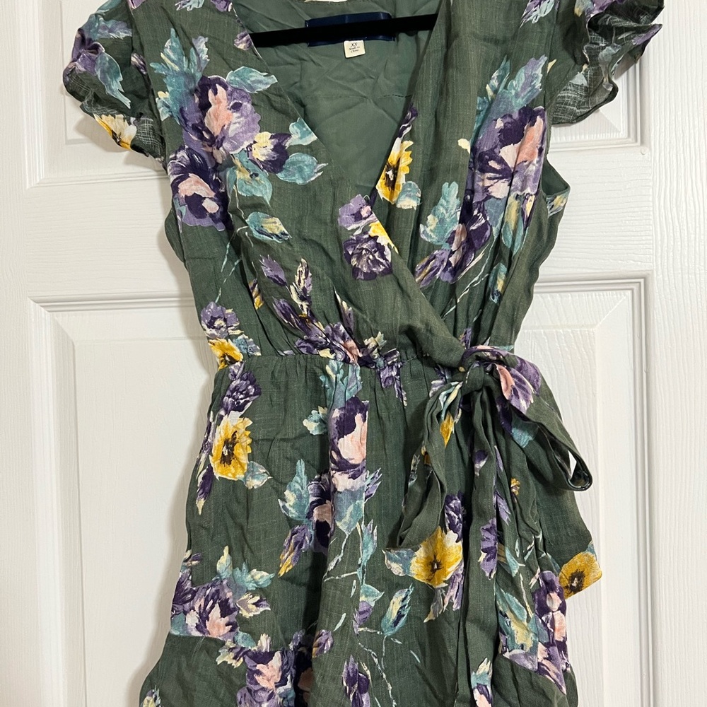 Francesca's Collections Olive Green Floral Wrap Romper